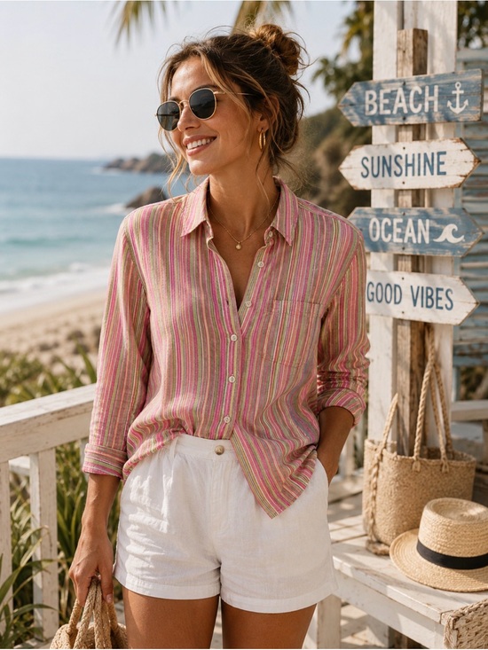 Sigrid Olsen Tops - Sigrid Olsen Women 100% Linen Striped Long Sleeve Button Down Shirt Small Beach